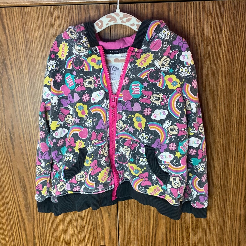Disney‎ Store Hoodie Kids Size 3 Gray Minnie Mouse Figaro Rainbow Zip Sweatshirt